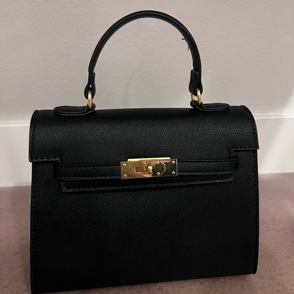 Women's Black Satchel Handbag with Gold Hardware